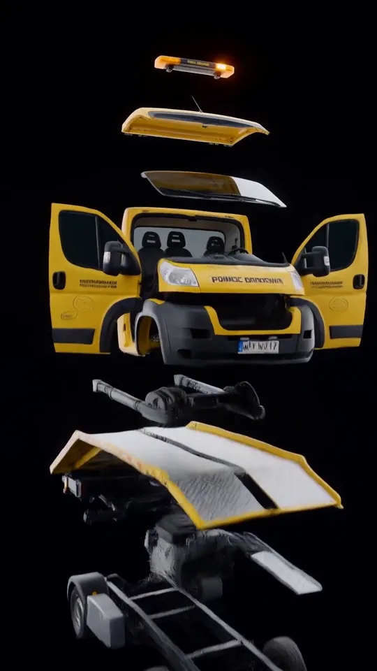 Animacja 3D lawety w rozłożeniu na części — spot promocyjny dla pomocy drogowej