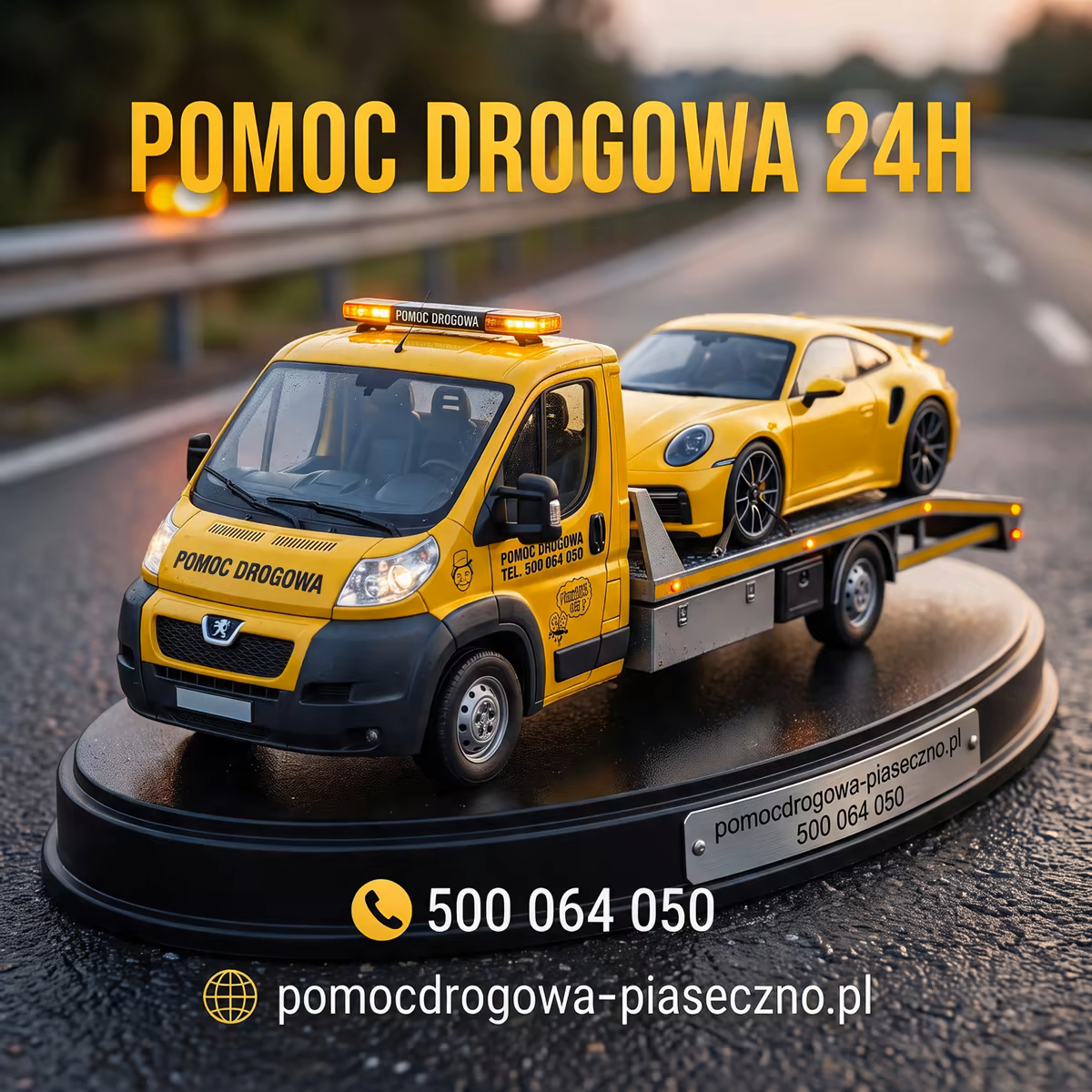 Reklama pomocy drogowej z lawetą i numerem telefonu