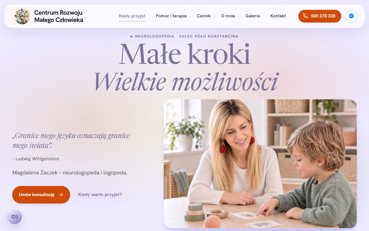 Strona gabinetu neurologopedy w Solcu koło Konstancina