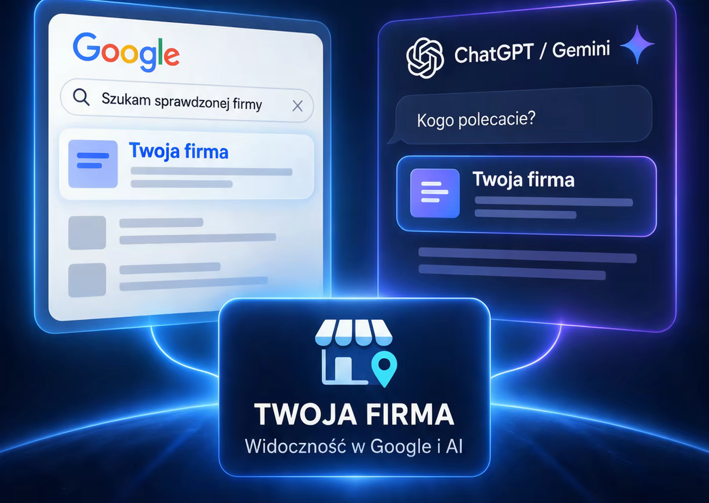 Wyniki wyszukiwania Google i odpowiedź asystenta AI — w obu Twoja firma na pierwszym miejscu
